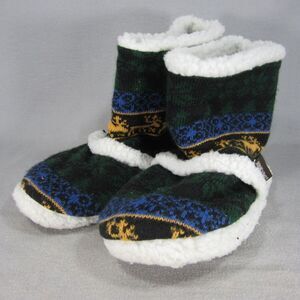 Muk Luks Slipper Boots‎ Womens 8 Green Yellow Fuzzy Christmas Holiday Reindeer